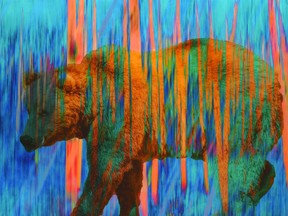 Mark Bowen’s Vanishing Species — Ocean Blue Bear (mixed media on wood panel with resin coating, 24” x 36”) is part of an online auction, Essential Travel, which is open for public viewing at the Pendulum Gallery until May 28.
