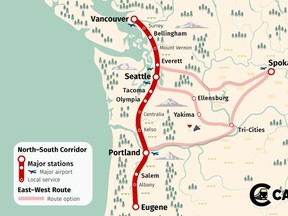 A map of a potential Cascadia high speed rail corridor linking Vancouver, Seattle and Portland by 350-kph bullet trains, produced by the non-profit advocacy group Cascadia Rail.



Credit: Handout, Cascadia Rail



For Derrick Penner Story, filed April 13, 2021.
