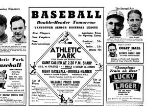 Ad for the opening of the 1936 Vancouver Senior Baseball League at Athletic Park, from the April 24, 1936 Vancouver Sun.