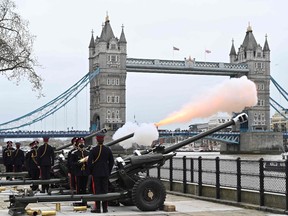 The Death Gun Salute is fired by the Honourable Artillery Company to mark the passing of Britain's Prince Philip, Duke of Edinburgh, at the The Tower of London