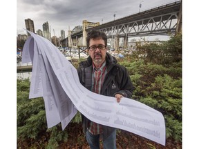 2015: David Fine holds a petition he has been circulating through change. org. He was against the City of Vancouver's decision to install suicide-prevention fencing on the Burrard Bridge