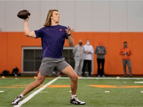 Clemson Tigers quarterback Trevor Lawrence works out during Pro Day in Clemson, S.C.