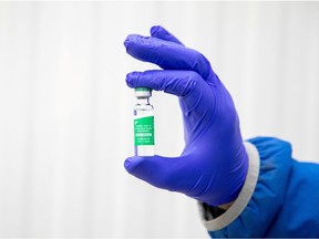 FILE PHOTO: A vial of AstraZeneca coronavirus disease (COVID-19) vaccine doses at a facility in Milton, Ontario.