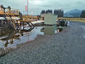 Trans Mountain pipeline Sumas Pump Station in Abbotsford, B.C. This picture shows petroluem product pooling under pump station equipment after a leak in June 2020.