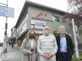 West 4th Avenue commercial property owners, from left, Franci Stratton, Arnold Nemetz and Steve Nemetz, outside their headquarters in Vancouver on April 7.