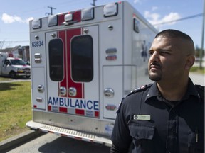 Shane Sander, a primary care paramedic and spokesman for the Ambulance Paramedics of B.C., at the Cloverdale ambulance station in Surrey.