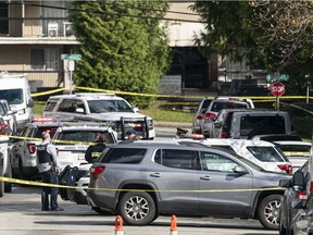 Coquitlam RCMP close off the 1200 Block of Howie Avenue in Coquitlam, BC, while investigating a shooting, April, 4, 2021.