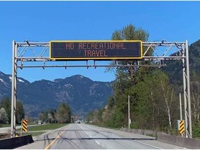 BRITISH COLUMBIA: April 22, 2021 -- No Recreational Travel sign. New  travel restrictions will be announced by Transportation and Infrastructure Minister Mike Farnworth, Friday, April 23, 2021. Photo credit:  Ministry of Transportation and Infrastructure. [PNG Merlin Archive]