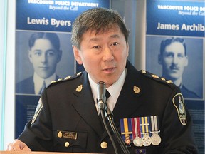 Police Chief Jim Chu attends the swearing-in ceremony for new recruits of the VPD, Class 148, in Vancouver on April 23, 2015.