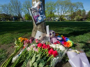 Memorial for teen stabbing victim at  Almond park in Vancouver, BC, April 26, 2021.