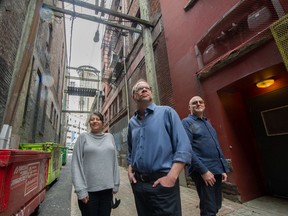 Peeroj Thakre and Henning Knoetzele, owners of ph5 Architecture, with Walley Wargolet, co-owner Dutil Denim and executive director of the Gastown Business Improvement Association (left to right) see a brighter, welcoming future for Gastown alleys.
