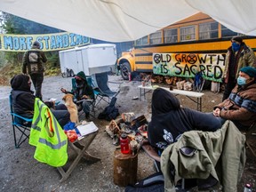 The blockade on the Granite Main Road at Fairy Creek in Port Renfrew on April 9, 2021. Protesters have said they plan to stand despite an injunction.