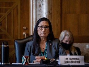 U.S. Interior Secretary Deb Haaland testifying at a Senate Committee on Energy and Natural Resources hearing on her nomination to the post in Washington, D.C., on Feb. 23, 2021.