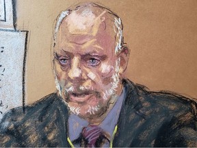 Retired Minneapolis Police Sergeant David Pleoger answers questions on the fourth day of the trial of former Minneapolis police officer Derek Chauvin for second-degree murder, third-degree murder and second-degree manslaughter in the death of George Floyd in Minneapolis, Minnesota, U.S., April 1, 2021, in this courtroom sketch.