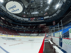 The Rogers Arena in Vancouver sits empty after a game between the Calgary Flames and Vancouver Canucks was cancelled March 31 due to an outbreak of a COVID-19 variant among Canucks. Canada is currently battling surging infections caused by three daunting variants.