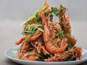 Angus An’s Black-Pepper Spot Prawns are deep-fried in a light cornstarch batter and then stir-fried in an aromatic paste of garlic, chilies and cilantro root. Pair with a glass of 2018 Gray Monk Odyssey White Brut Méthode Classique.
