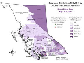 Map shows COVID-19 cases per 100,000 people in B.C. from May 4 to 10.