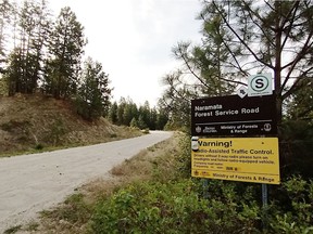 The beginning of the Naramata Creek Forest Service Road, just a few hundred metres from where two dead bodies were found Monday.