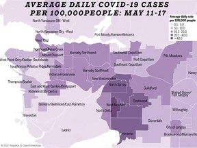 Map shows average daily COVID-19 cases per 100,000 people in Metro Vancouver neighbourhoods.