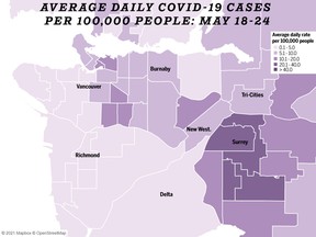 Map shows average daily COVID-19 cases per 100,000 people.