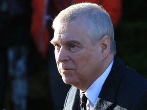 In this file photo taken on Jan. 19, 2020, Britain's Prince Andrew, Duke of York, arrives to attend a church service at St Mary the Virgin Church in Hillington, Norfolk, eastern England.
