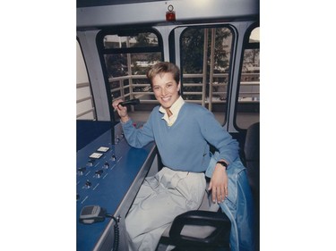 Expo 86. Personnel. Darlene Virgil switches from shepherding skiers to monorail riders and will run the train from the VIP car at the front. The Monorail can be operated either automatically or manually. Ran April 25, 1986 pg. 67 Province. Sunday feature Expo 86 30th anniversary [PNG Merlin Archive]