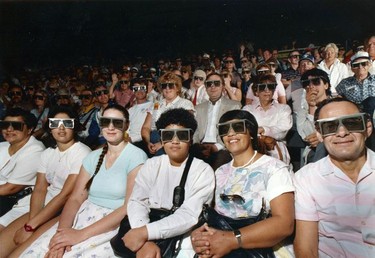 Expo 86 Pavilions. Fair goers with 3D glasses on.Ran July 13, 1986 pg. 67 Province. Colin Price Province. TC # 86-3769  Sunday feature Expo 86 30th anniversary [PNG Merlin Archive]