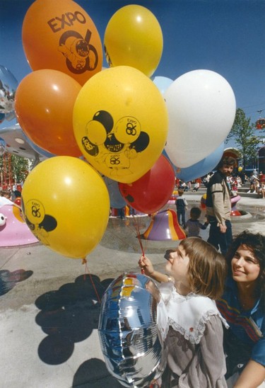 Expo 86 - Souvenirs. Choices, Choices, Choices.  Venessa Brault, 5, picks favourite helium-filled balloon from selection offered by vendor Bridgette Leblanc. The colourful Expo souvenirs are selling for $1.50 each. Ran May 14, 1986 pg. E 6 Vancouver Sun. Mark Van Manen Vancouver Sun. Sunday feature Expo 86 30th anniversary [PNG Merlin Archive]