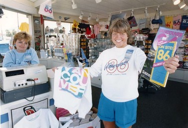 Expo 86 - Souvenirs. Lady with candy Expo Souvenirs. Filed April 22, 1986. Vancouver Sun Photo. Sunday feature Expo 86 30th anniversary [PNG Merlin Archive]