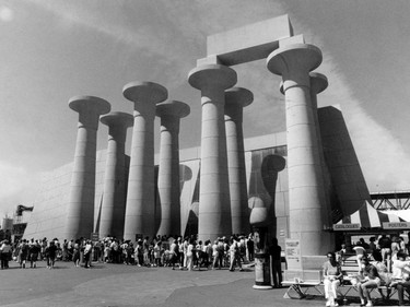 Expo 86 - Pavilions. Great Hall Of Ramses II rises from the sands of history. Ran August 24, 1986 pg. E 17 Province. Greg Osadchuk Province.  Sunday feature Expo 86 30th anniversary [PNG Merlin Archive]