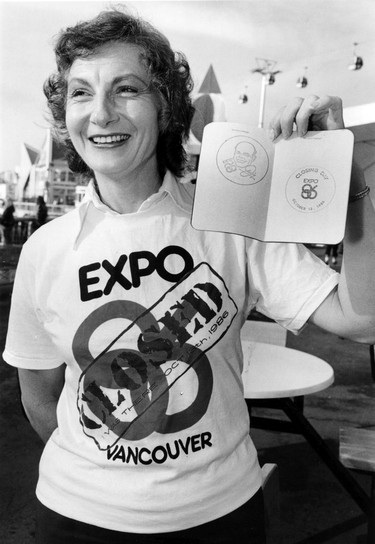 Expo 86 - Souvenirs. Loretta Szalai of Vancouver proudly displays Closing Day and Jimmy Pattison stamp and shirt. Ran October 14, 1986 pg. 5 Province. Les Bazso Province. Sunday feature Expo 86 30th anniversary [PNG Merlin Archive]
