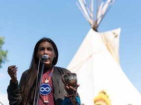 Tristen Durocher speaks at a press conference in Regina on Aug. 11, 2020