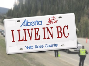 Some B.C. residents have resorted to bumper stickers explaining why they have Alberta plates amid local travel restrictions.