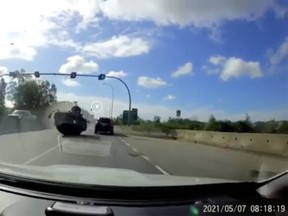 A still from dashcam footage of a dramatic crash near the Massey Tunnel on Friday, May 7, 2021.