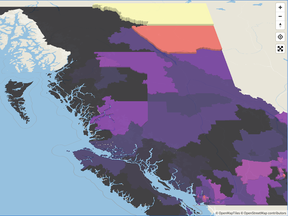 Map shows COVID-19 test positivity rate in B.C.