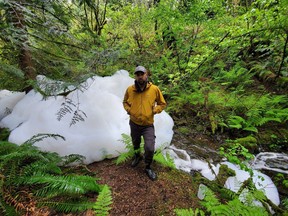 Townhouse resident Tom Ulanowski stands beside the foam floating on Clayburn Creek.
