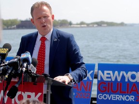 Andrew Giuliani, the son of former New York City Mayor Rudolph Giuliani, speaks during a news conference to launch his Republican campaign for governor of New York in 2022, in Manhattan in New York City, New York, U.S., May 18, 2021.  REUTERS/Brendan McDermid