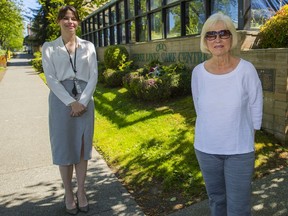 Dawne Koke, left, family coordinator, and Joan Peacock, chairwoman of the Family Advisory Council, at the Three Links Care Centre in Vancouver on May 14.