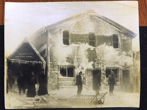 A photo of Dawson City buildings covered in ice after a winter fire in 1899. From the Phil Lind Klondike Gold Rush Collection at the University of British Columbia.