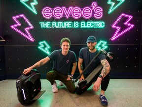 Bradley Spence (left) and Lukas Tanasiuk at eevee's in Vancouver. They opened their ‘personal electric vehicle’ store in March, and haven’t looked back since.