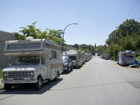 Recreational vehicles line both sides of Slocan Street north of Grandview Highway in Vancouver.