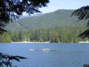 White Pine beach seen from the Sasamat Lake Loop Trail.