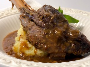 Lemon mustard lamb shanks with truffle garlic mashed potatoes.