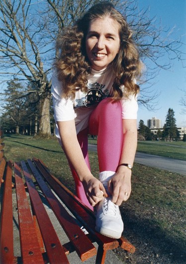 Vancouver Sun columnist Shelley Fralic with pink tights in 1988.