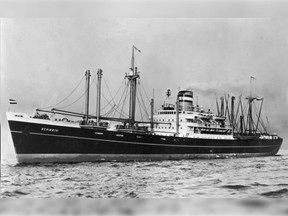 The MV Schiedyk is shown in a handout image. The cargo ship sank off the west coast of Vancouver Island more than 50 years ago is now polluting the waters of a popular marine park.