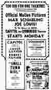 There was no television in 1936, so big events like the Joe Louis — Max Schmeling fight were filmed and then shown in movie theatres around North America a few days later. In Vancouver, the first fight was touted as being “too big for one theatre,” so it was shown in two — the Capitol and Dominion. This ad is from the June 20, 1936 Vancouver Sun. The fight was on Friday, June 19 and the film was to be shown in Vancouver on Monday, June 22.