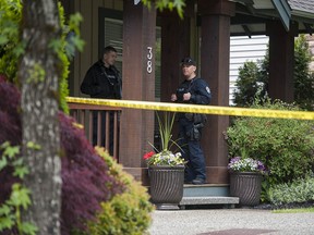 Police cordon off Trina Hunt's house in Port Moody on Saturday, June 5, 2021. Hunt went missing earlier this year and her body was found near Hope in March. Foul play is suspected.