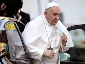 Pope Francis arrives to lead Holy Rosary prayer in Vatican gardens to end the month of May, at the Vatican, May 31, 2021.