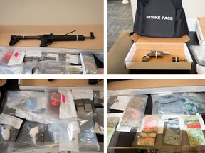 Ridge Meadows RCMP seized two guns, one described as a semi-automatic rifle and the other a revolver handgun, as well several rounds of ammunition, a bullet-proof vest, suspected illicit drugs believed to be fentanyl, cocaine and crystal meth and more than $1,100 in cash.