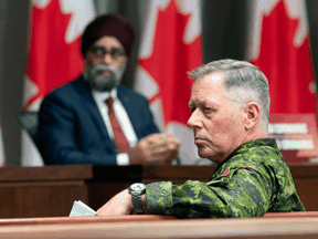 National Defence Minister Harjit Sajjan and Chief of Defence Staff Jonathan Vance during a news conference, June 26, 2020 in Ottawa.